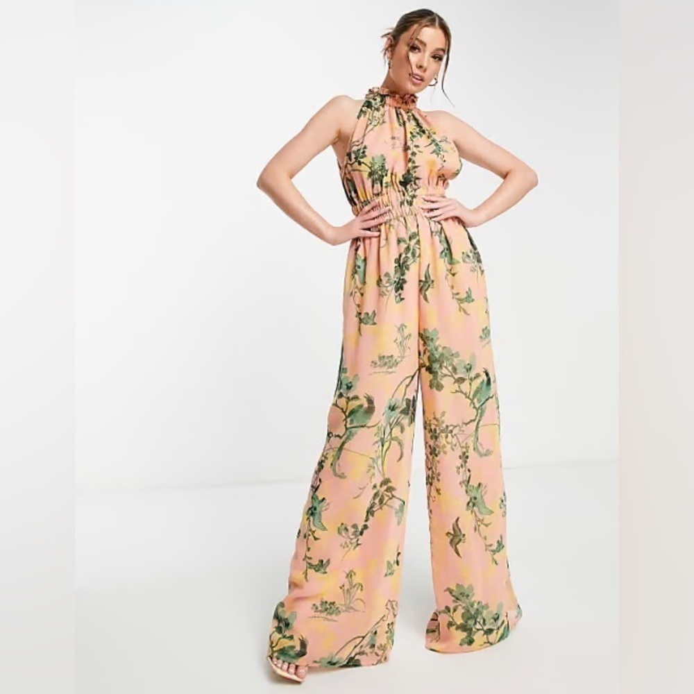 ASOS DESIGN Maternity Chiffon Gathered Waist Halter Jumpsuit In Floral Print 12